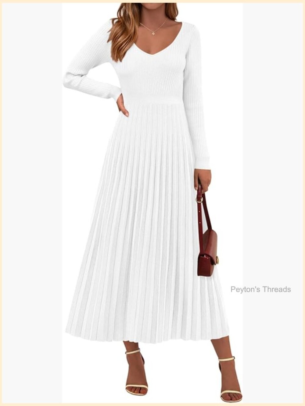 Long Sleeve V-Neck Ribbed Knit Pleated A-Line Maxi Sweater Dress - Picture 1 of 7